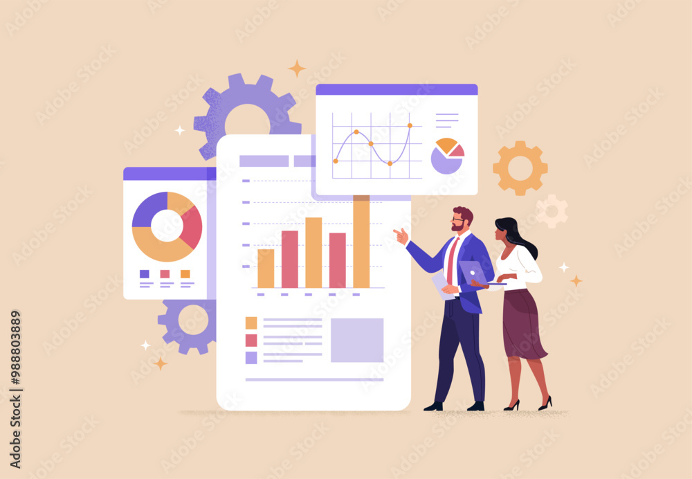 Poster Business Teamwork Concept. Vector illustration in a flat style of two people discussing a project with an analytics dashboards. Isolated on background.
