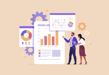 Business Teamwork Concept. Vector illustration in a flat style of two people discussing a project with an analytics dashboards. Isolated on background.