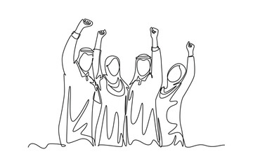Single one line drawing group Arabian business people celebrate company project deal. Happy man and female manager raise hand together. Modern continuous line draw design graphic vector illustration