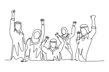 Single one line drawing group of Arabian business people celebrate financial growth from product sales. Happy male and female worker at office. Continuous line draw design graphic vector illustration
