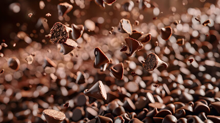 Close-up of Chocolate Chips Falling on a Bed of Chocolate