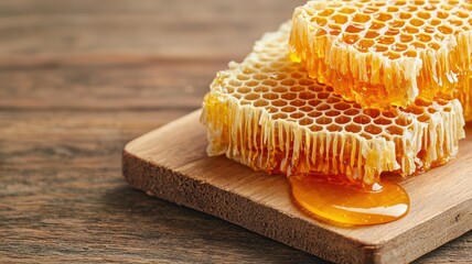 Honeycomb resting on a wooden board, with honey slowly oozing out, symbolizing natural sweetness   honeycomb, natural sweetener