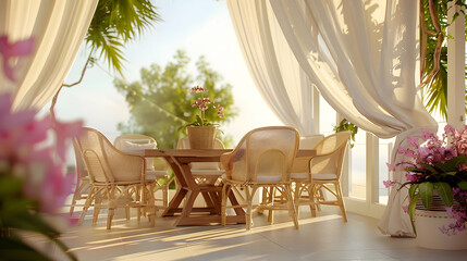 Fototapeta premium Tropical Patio Dining: Relaxing Outdoor Space with Wicker Chairs and Sunlight