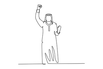 Continuous one line drawing young happy Moslem manager celebrating his work success. Arab businessman raise his hand to celebrate sales achievement. Single line draw design vector graphic illustration