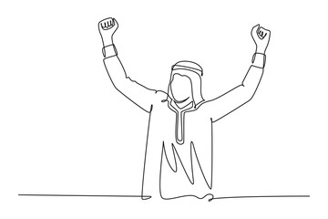 Continuous one line drawing young happy Moslem businessman raise his hands to celebrate success. Arabian male worker achieve company sales target. Single line draw design vector graphic illustration