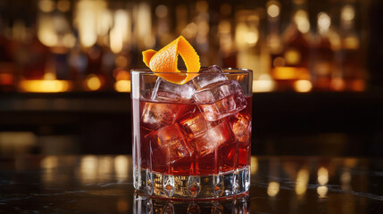 Classic cocktail served in a crystal glass with ice and a twist of orange peel, set against a blurred bar background