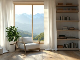 Fototapeta premium A white chair is in front of a window with a view of mountains. A potted plant is next to the chair