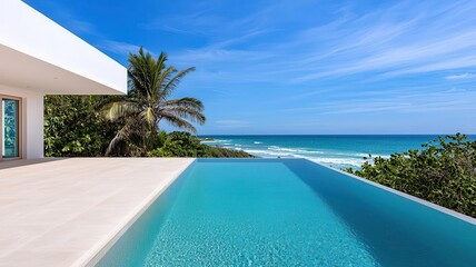 Modern beach house with infinity pool blending seamlessly into the ocean horizon   luxury beachfront, ocean view