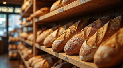 An assortment of pastries on wooden shelves in a bakery