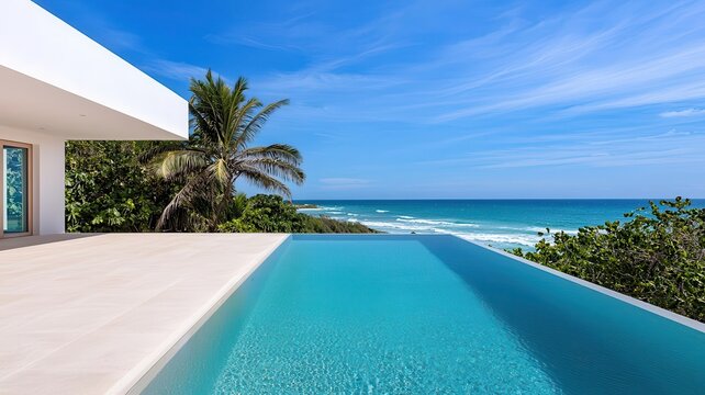 Modern beach house with infinity pool blending seamlessly into the ocean horizon   luxury beachfront, ocean view