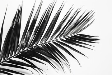 Obraz premium Palm Tree Black White. Beautiful Palm Tree Leaf on White Background, Tropical Beach Vibe