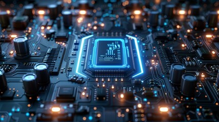 High-Tech Futuristic Background with Glowing Circuit Board and Microchip Elements