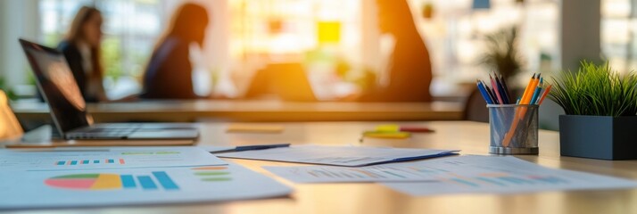 Organized workspace with marketing materials, focused teamwork in the background, dynamic office environment, collaboration in action