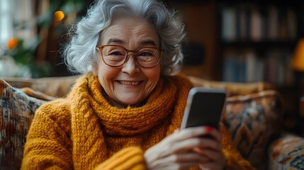 Joyful elderly woman on a sofa, holding her phone and laughing during a video call. The bright and cozy living room complements her cheerful mood.