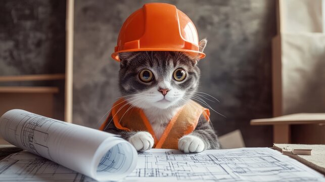Engineer cat dressed in a hard hat, deeply focused on architectural blueprints, blending humor with a serious working theme.