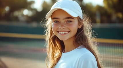 teenage girl tennis player in white sportswear and hat, smiling with her racket on the court, highlighting the sport concept of competition, fitness, and outdoor training