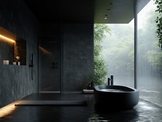 A black bathroom with a bathtub and a shower. The bathtub is filled with water and there is a waterfall outside the window