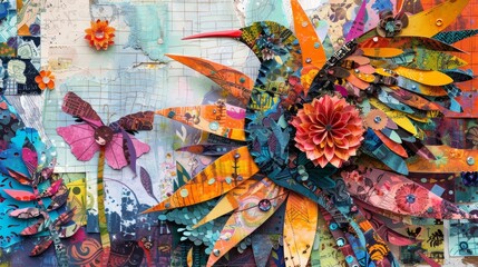 Vibrant Paper Arts Collage Featuring Colorful Bird and Floral Elements with Intricate Details