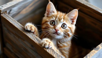 Curious ginger cat peering from a rustic wooden crate, showcasing playful surprise and adorable pet emotions