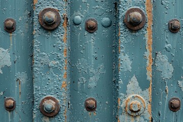 Fototapeta premium Close-up of Rusted Metal with Peeling Blue Paint and Bolts