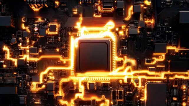 Glowing microchip at the center of a circuit board, surrounded by bright orange circuits and components, showcasing technology, connectivity, and innovation.