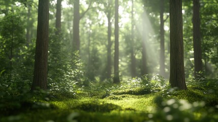 Tranquil European Forest with Sunlight and Ancient Trees