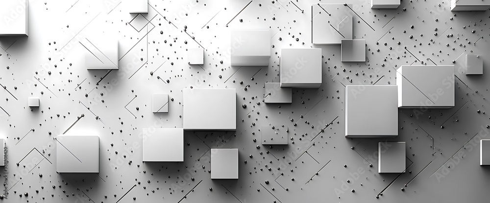 Poster abstract geometric pattern of white cubes on a white surface with lines and dots.