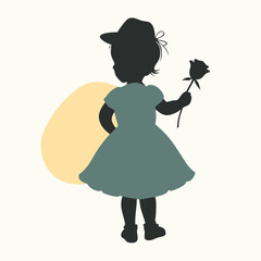 a black silhouette of a little girl holding a rose. isolated white background