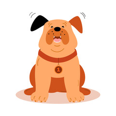 Cute laughing joyful cartoon dog bulldog with a medal on his chest. Vector illustration in a flat style. The emotional expression of a pet.
