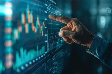 Businessman one hand index finger touching on financial data and economic growth graph chart