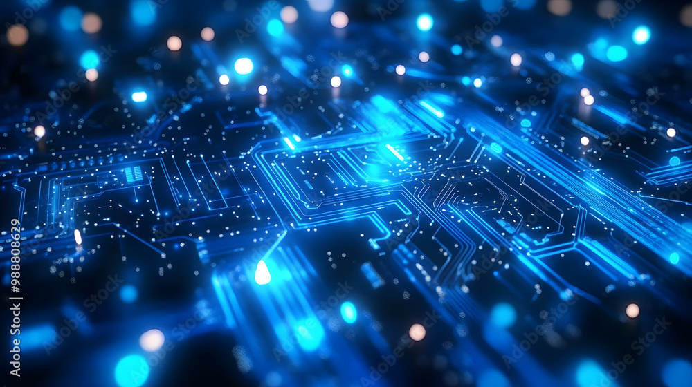 Poster futuristic blue circuit board design illustrating quantum computer technologies with flowing waves, 