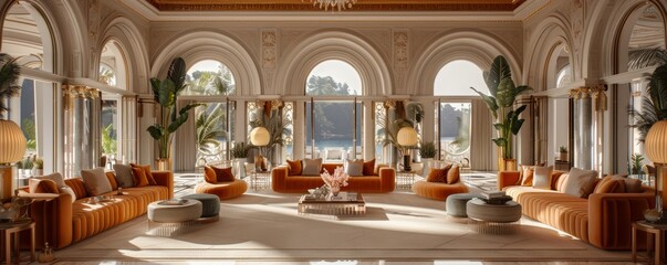 Fototapeta premium Luxurious Grand Living Room with Elegant Arched Windows and Plush Orange Sofas Overlooking Scenic Outdoors