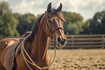 Obraz premium A chestnut horse with a saddle and bridle stands in a paddock.