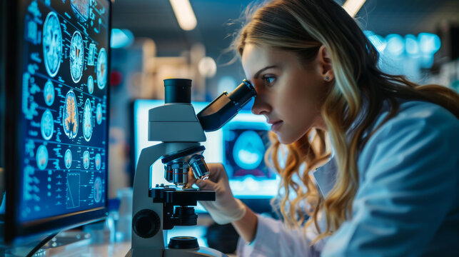 Young woman analyzing human brain microscope slide under microscope while sitting with scientists in background at laboratory