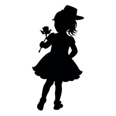a black silhouette of a little girl holding a rose. isolated white background