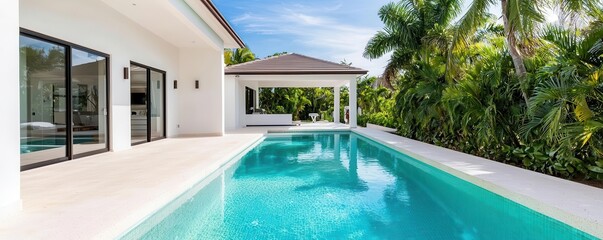 Spacious beachfront home with a private pool, surrounded by tropical plants and ocean views   luxury home, beachfront property