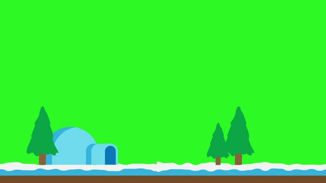 Winter and Christmas theme background animation isolated on green screen background. Illustration of snowman, fir tree and igloo house