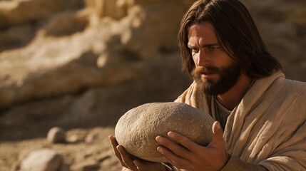 Jesus stands firm as the tempter presents the challenge to turn stones into bread.