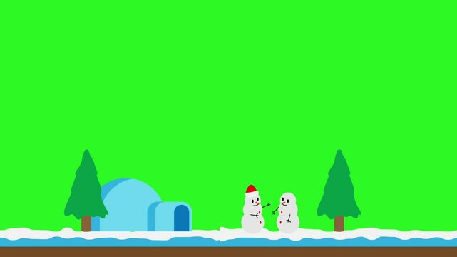 Winter and Christmas theme background animation isolated on green screen background. Illustration of snowman, fir tree and igloo house