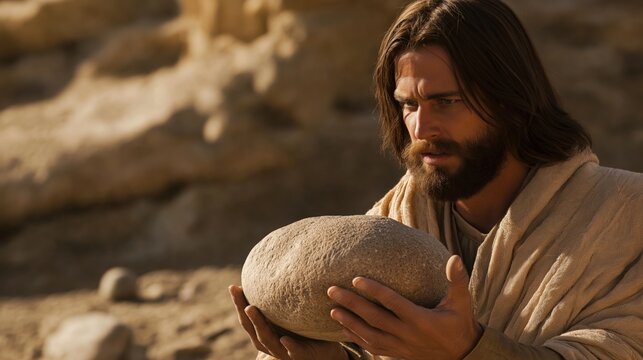  Jesus stands firm as the tempter presents the challenge to turn stones into bread.