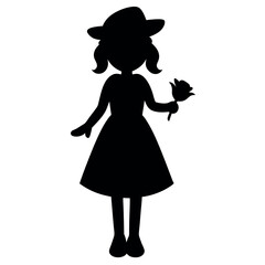 a black silhouette of a little girl holding a rose. isolated white background