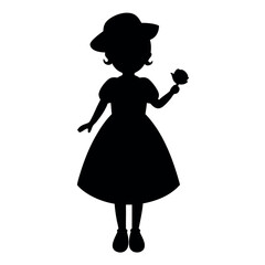 a black silhouette of a little girl holding a rose. isolated white background