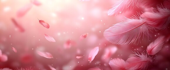 Soft pink feathers and petals falling on a blurry light pink and orange background.