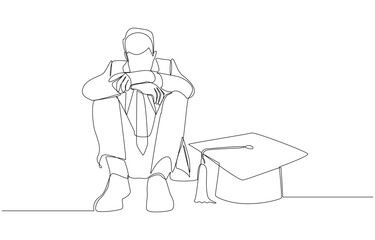 Continuous one line drawing of new graduate sitting sadly hugging knees next to graduation cap, unemployment of new graduates concept, single line art.