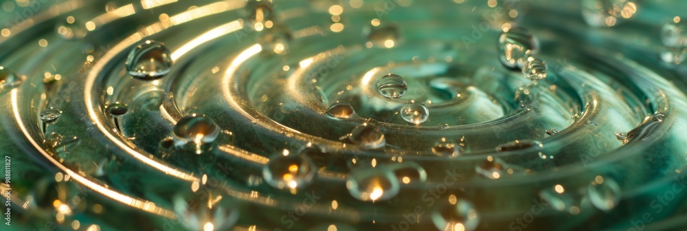 Poster a circle of water droplets with a golden hue. the droplets are scattered throughout the circle, crea
