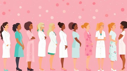 Fototapeta premium A diverse group of women standing together in a line, wearing various outfits, on a pink background with flower petals.