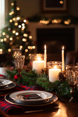 Wooden table is festively set for Christmas dinner with garland, candles and plaid napkins. Table setting for winter holidays