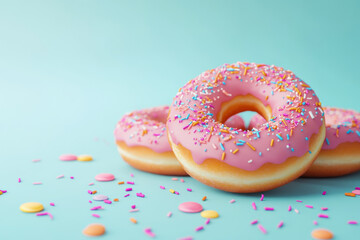 Delicious pink frosted donuts topped with colorful sprinkles against pastel blue background