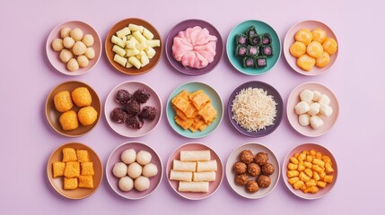 A colorful assortment of various traditional snacks displayed in bowls on a pastel background.