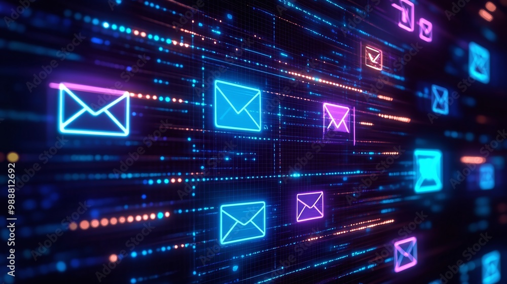 Poster abstract digital background with glowing email icons and data connections. email marketing concept.